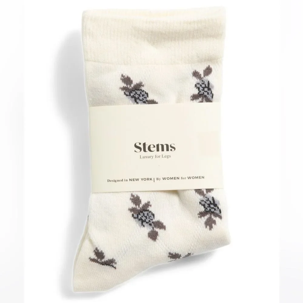Stems Ivory Black Melody Flower Print Cotton Blend Stretch Knit Crew Socks